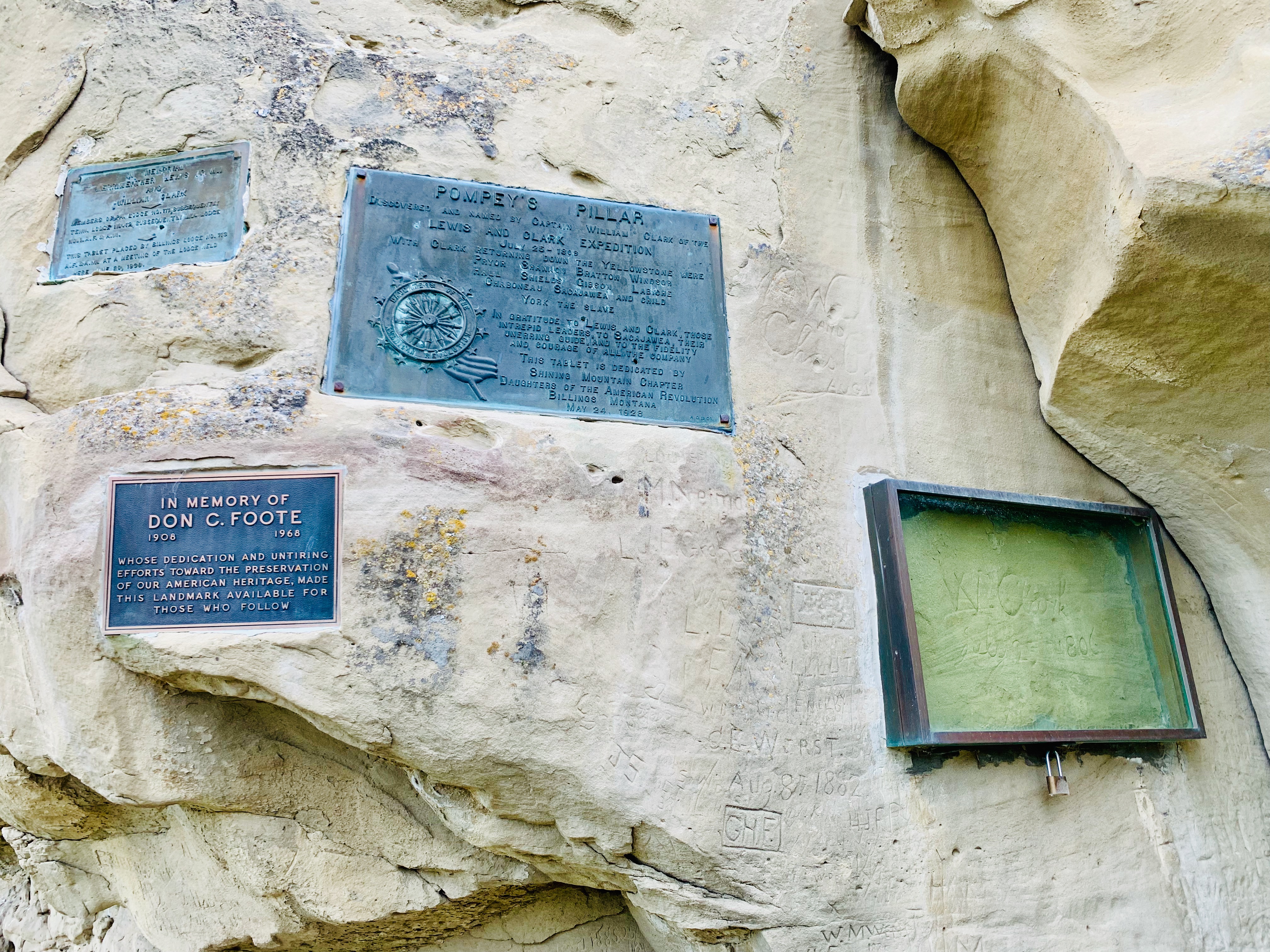 William Clark's signature carved into the sandstone: W. Clark, July 25, 1806