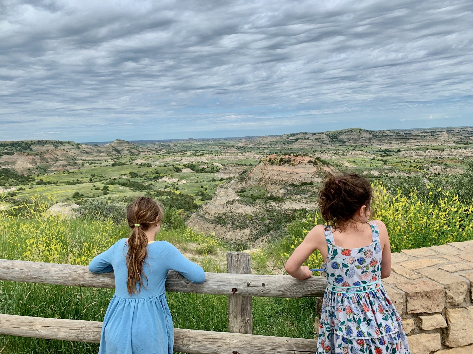 The girls at the overlook fence, looking out across the colorful layered badlands