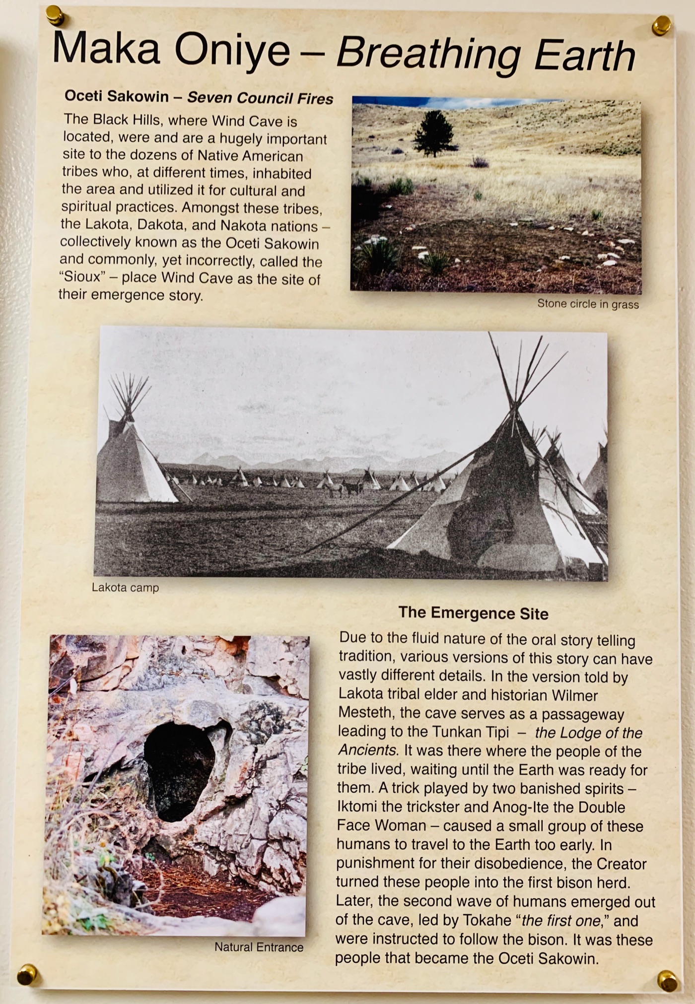 The Maka Oniye exhibit in the visitor center, telling the emergence story and the meaning of "breathing earth"