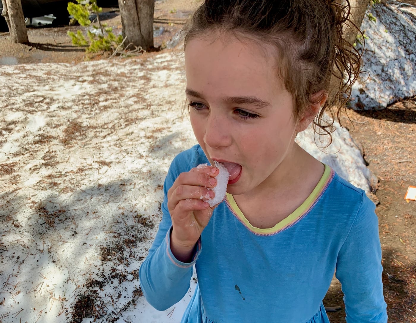 A daughter eating a handful of June snow off the ground, Wyoming, mid-June