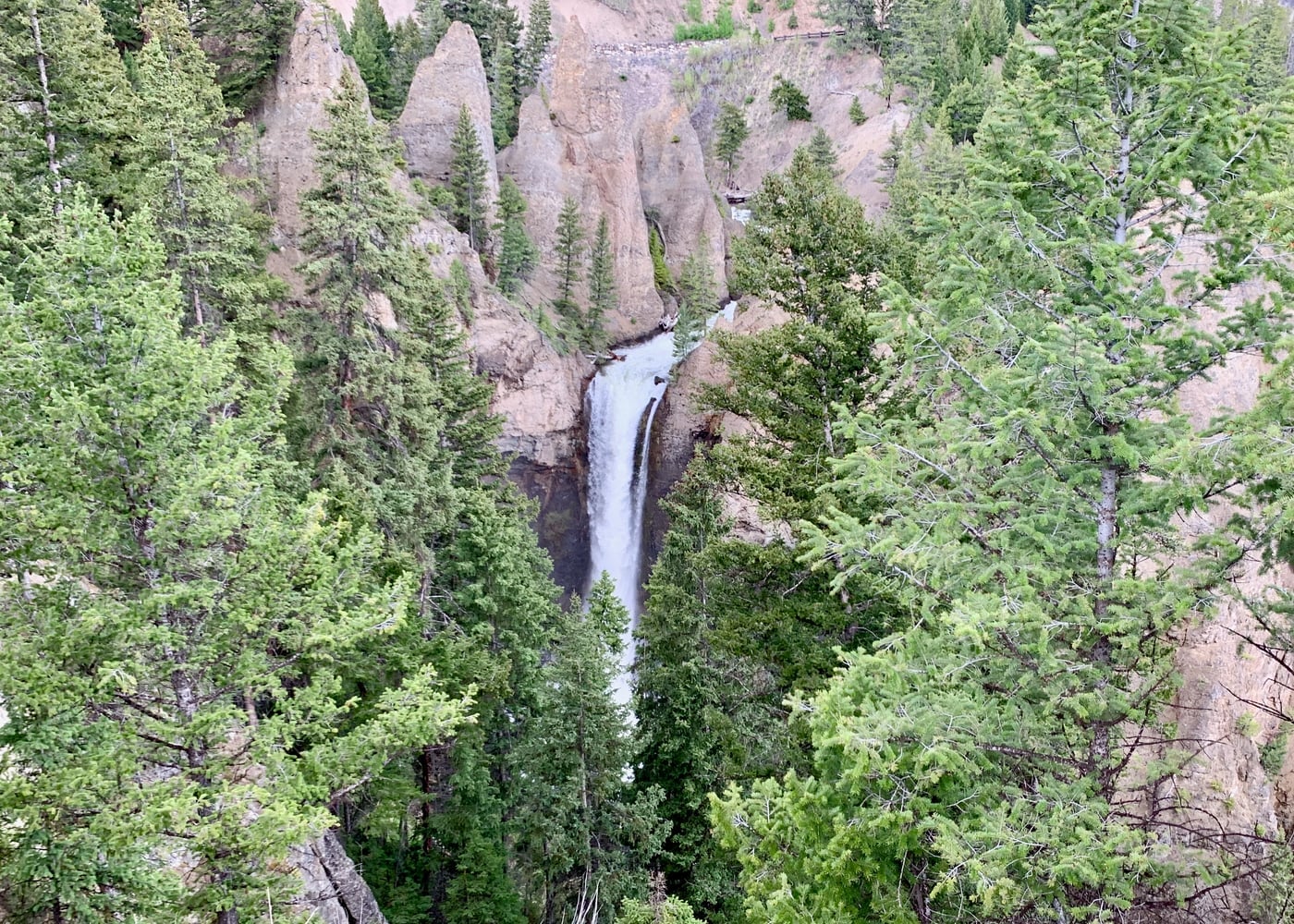 A tall waterfall threading down a forested gorge