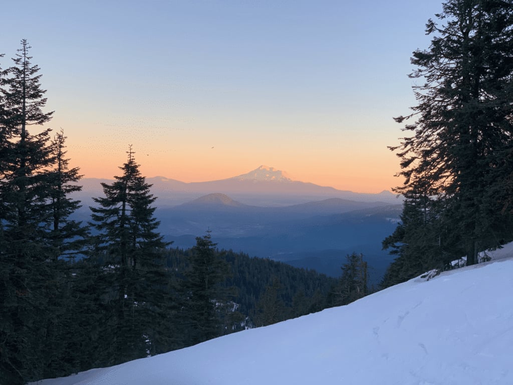 Mount Shasta in distance viewing the Cascades from the top of Mount Ashland