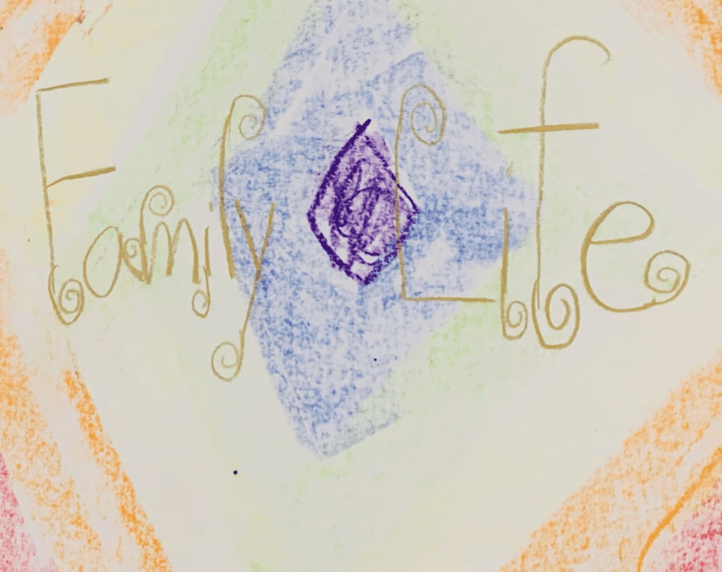 Family Life Pastel color Kid Art with purple diamond in the middle