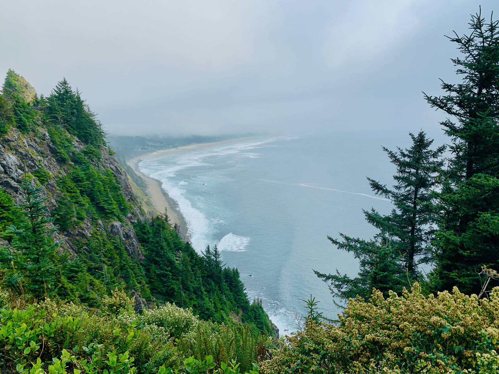 Oregon Coast with panoramic view of the Pacific Ocean with rolling mist and fog in the background